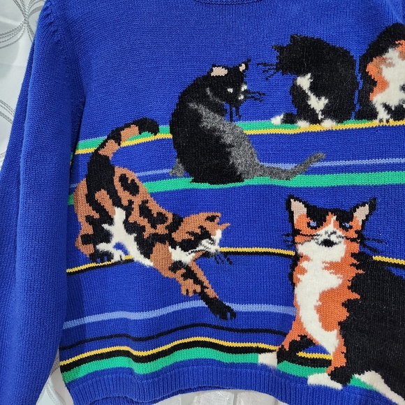 Vtg Susan Bristol Cat Sweater Navy Boxy 90s Crazy Cat Lady Size LARGE L Women's - Picture 3 of 9